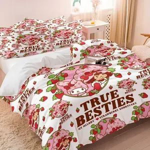 Sweet Strawberry Shortcake Duvet Cover Set, 1 Duvet Cover + 1/2 Pillowcases, No Filling, HD All Season Print, Soft Breathable Bedding, Cute Pink Cartoon Girls & Strawberry Pattern for Girls Bedroom Decor, Comfy Bed Sets