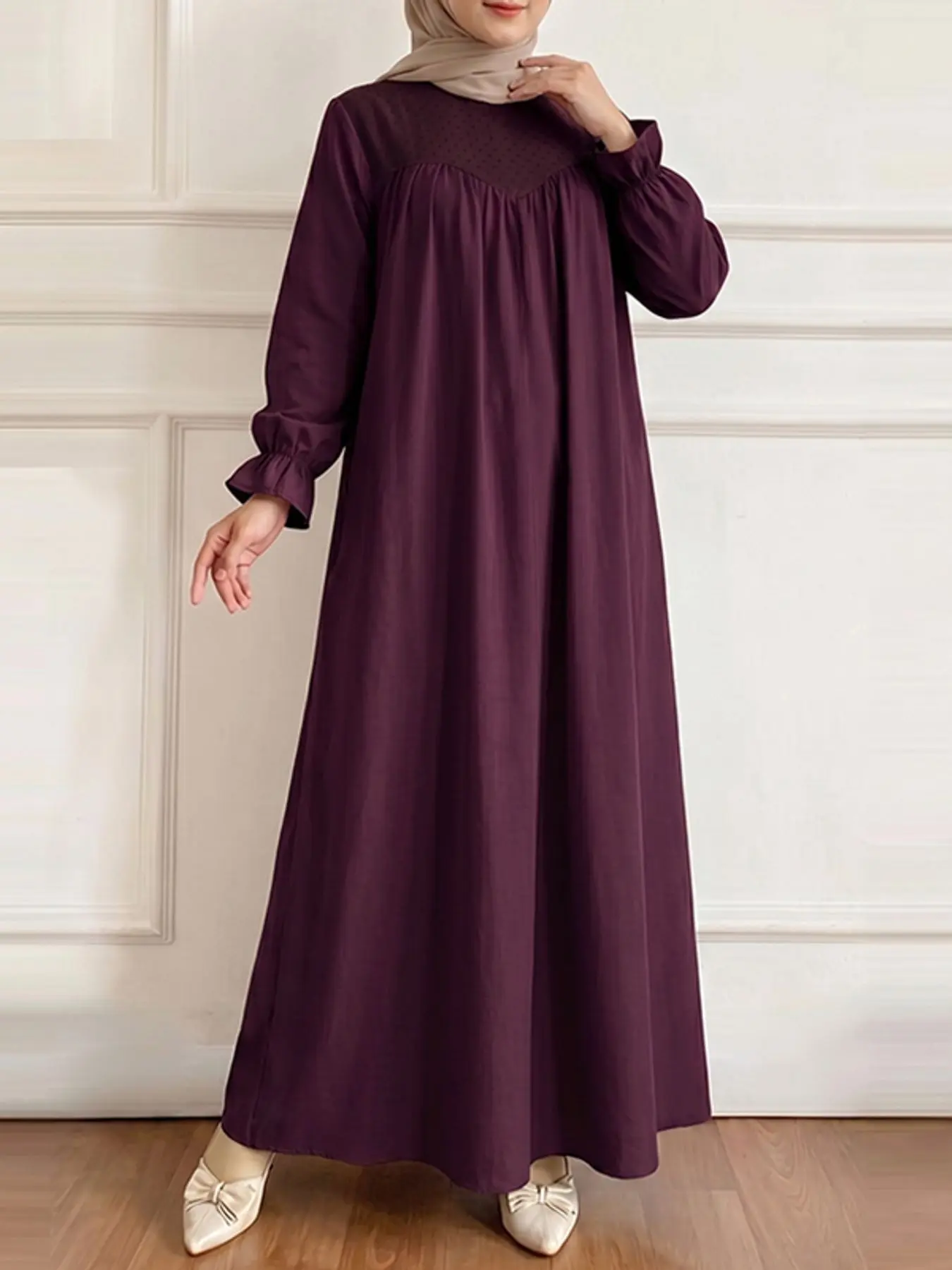 Women's Solid Color Loose-Fit Round Neck Long Sleeve Dress, Casual Patchwork Design, Spring & Fall Daily Wear, Unlined Long Dress, Kaftan Dresses, Modest Style Dress, Modest Muslim Outfits