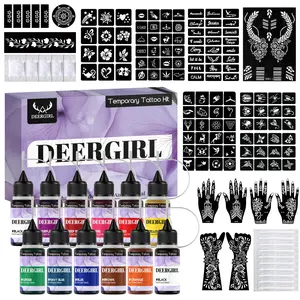 Deergirl Temporary Tattoo Juice Set, Vibrant Tattoo Colors, No Piercing Needed, Long-Lasting, Includes Template, Gloves, Cotton Swabs