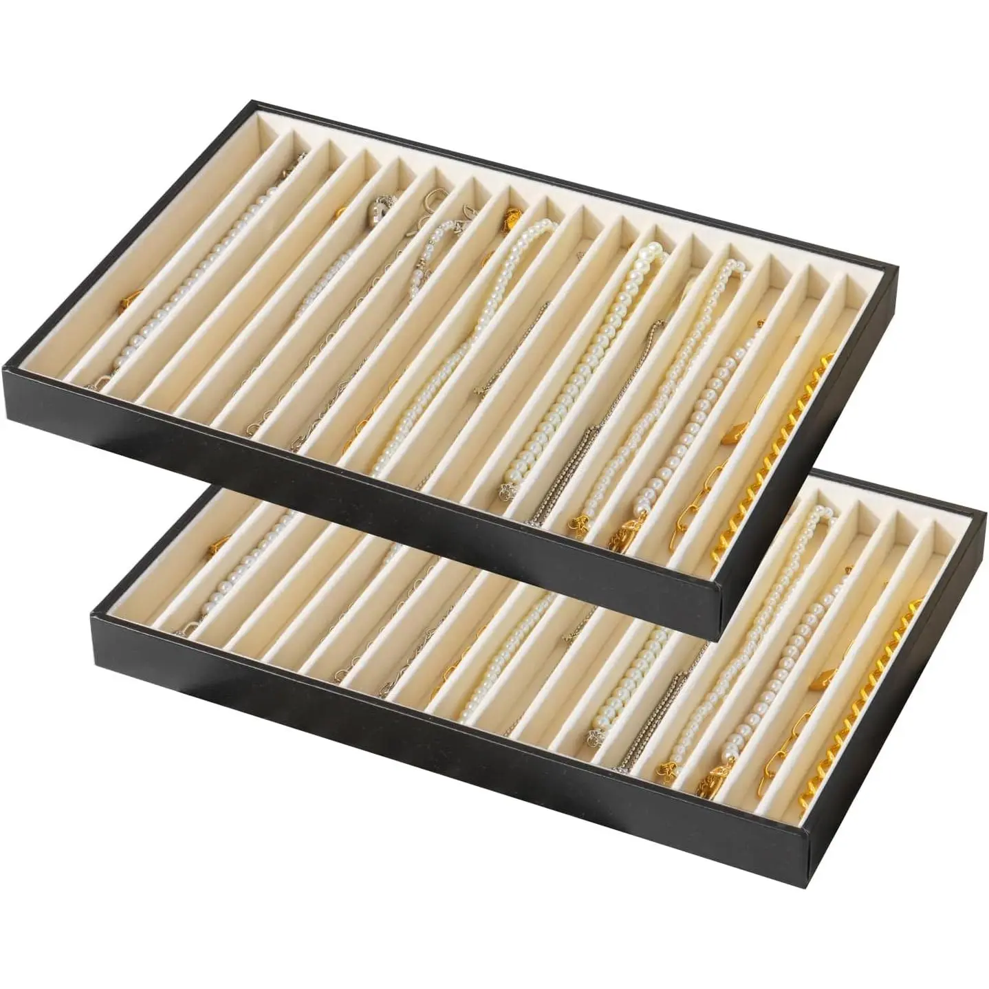 Large Jewelry Organizer Tray 2 Pack, Stackable Jewelry Storage Holder for Drawer Inserts, PU Leather Velvet Jewellery Display Case for Earring Bracelet Necklace Ring (Black Beige, 16 Grids)
