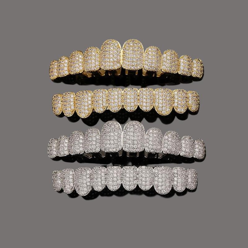 Iced Out Hip Hop Grillz - 18K Gold Plated 10-Tooth Full Set, Luxury Dental Jewelry for Rappers and Party Vibe Oral Retainer Brace