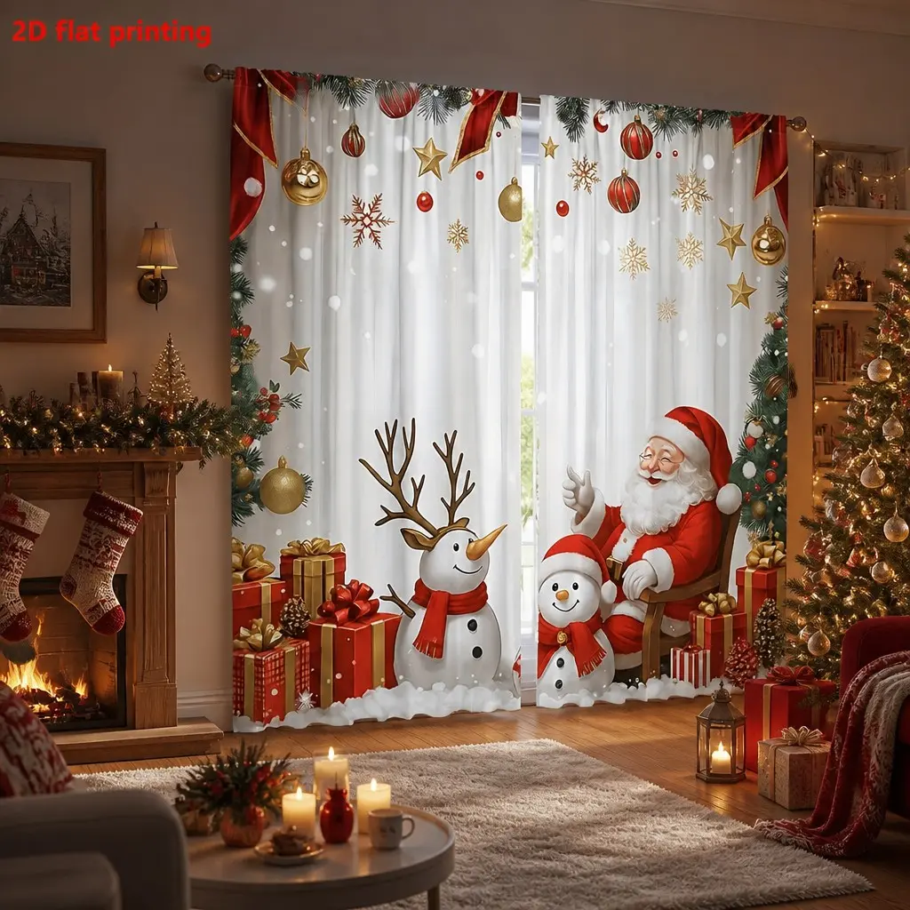 Christmas Curtain Set with Santa and Snowman Prints, and Gold Festive Design, Light-Filtering Semi-Transparent Curtains for Living Room Decor, Two-Piece Holiday Window Treatment