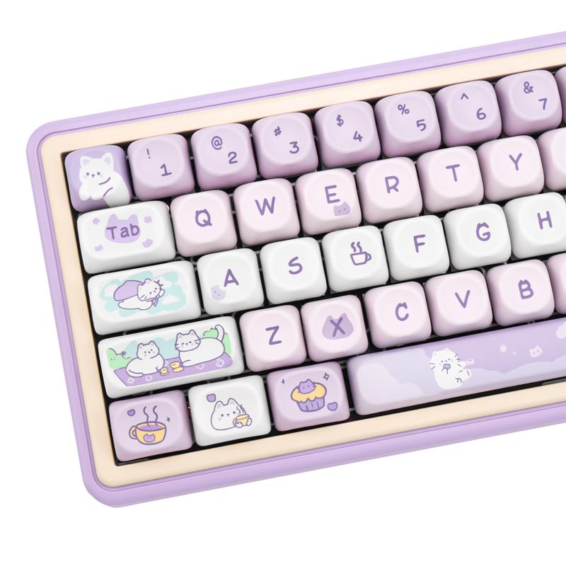 COOMICKEY PBT Keycaps MOA Profile 132 Keys Dye Sublimation Purple Cute Cat Customized Set for ANSI Cherry MX Switches Mechanical Keyboards with Keycap Puller