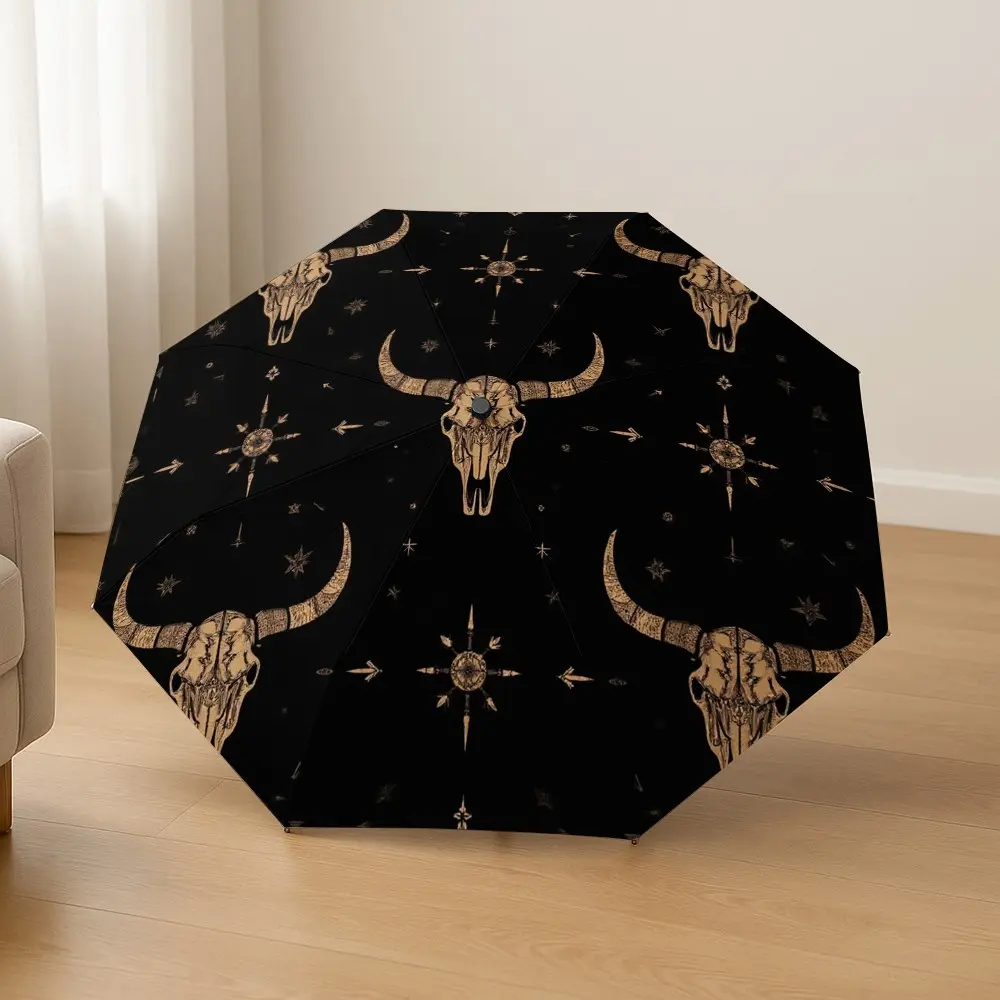 Skull Compass Pattern Automatic Folding Umbrella, Lightweight Portable Travel Umbrella, 8-Rib Solid Frame, Halloween Christmas Gift