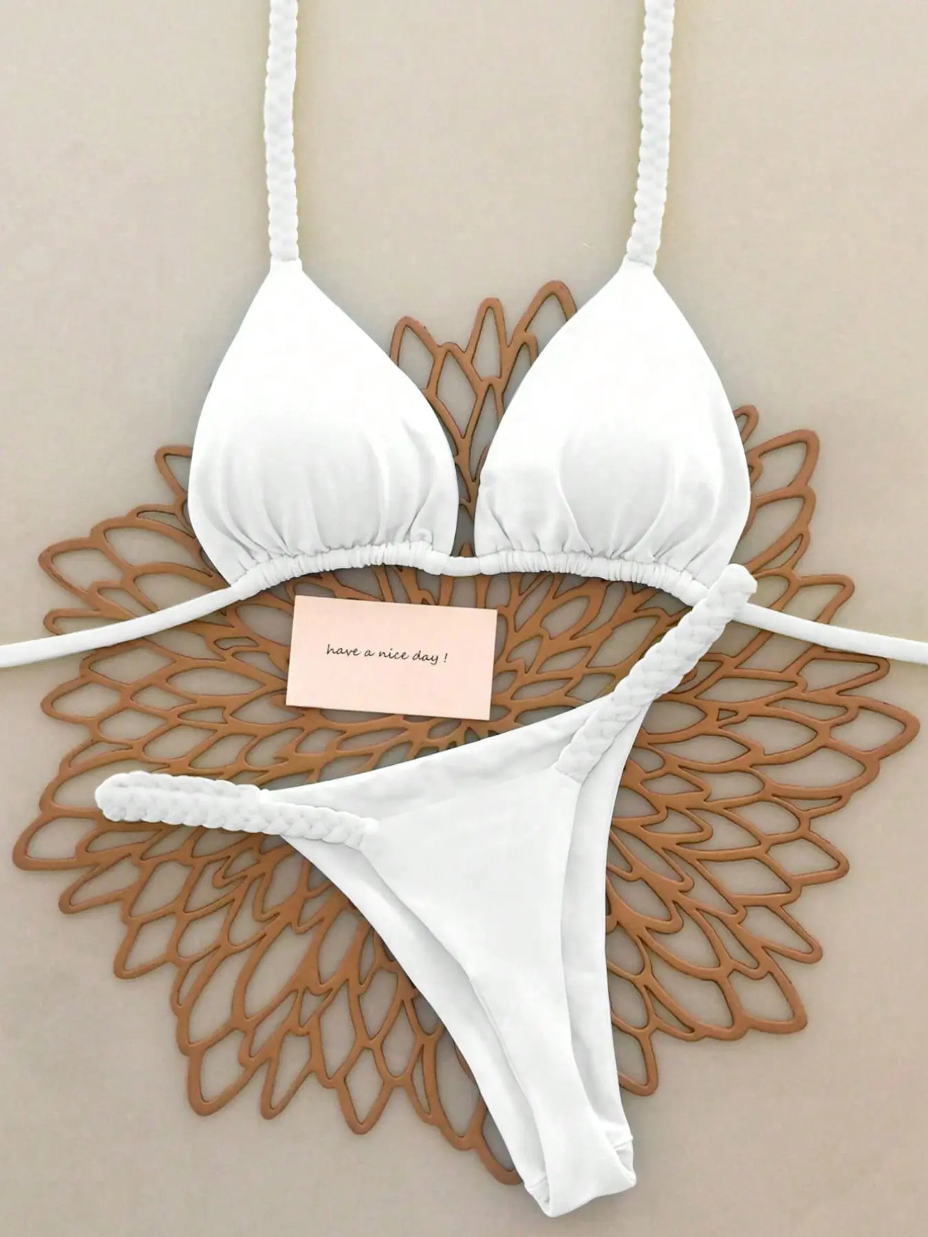 Women's French Style Pure Bikini Swimwear Set, Handmade Rope Design Halter Triangle Cup High Cut Bikini, Beach Fashion Swimsuit, Beach Photography