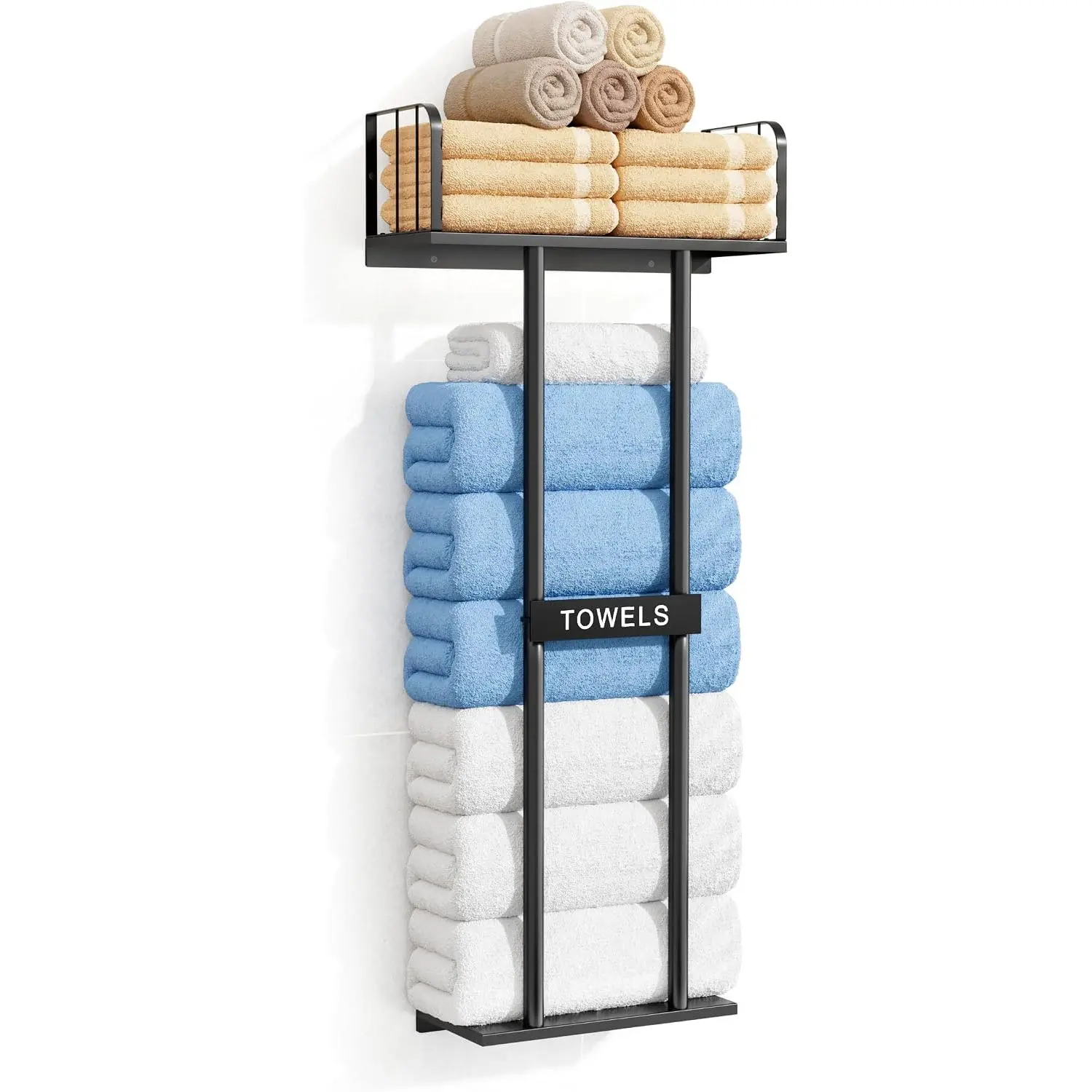 Towel Racks for Bathroom with Top Towel Shelf Hold 8 Large Rolled Towels, 36" Wall Mounted Bathroom Towel Storage Organizer for Small Bathroom, Camper, Rv (Black)