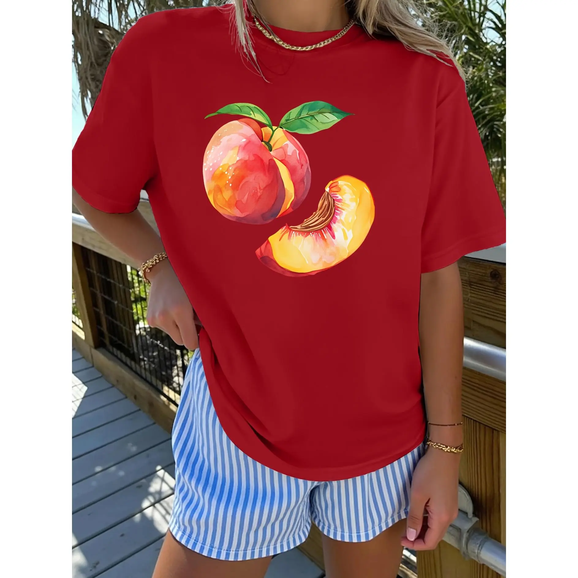 Elegant Short-Sleeve Women'S Watercolor Peach Print Round-Neck T-Shirt, Suitable for Spring, Summer, Autumn, And Winter. This Fashionable, Comfortable, Soft, And Breathable Top Is Perfect for Commuting, Vacations, And Everyday Wear suda der as