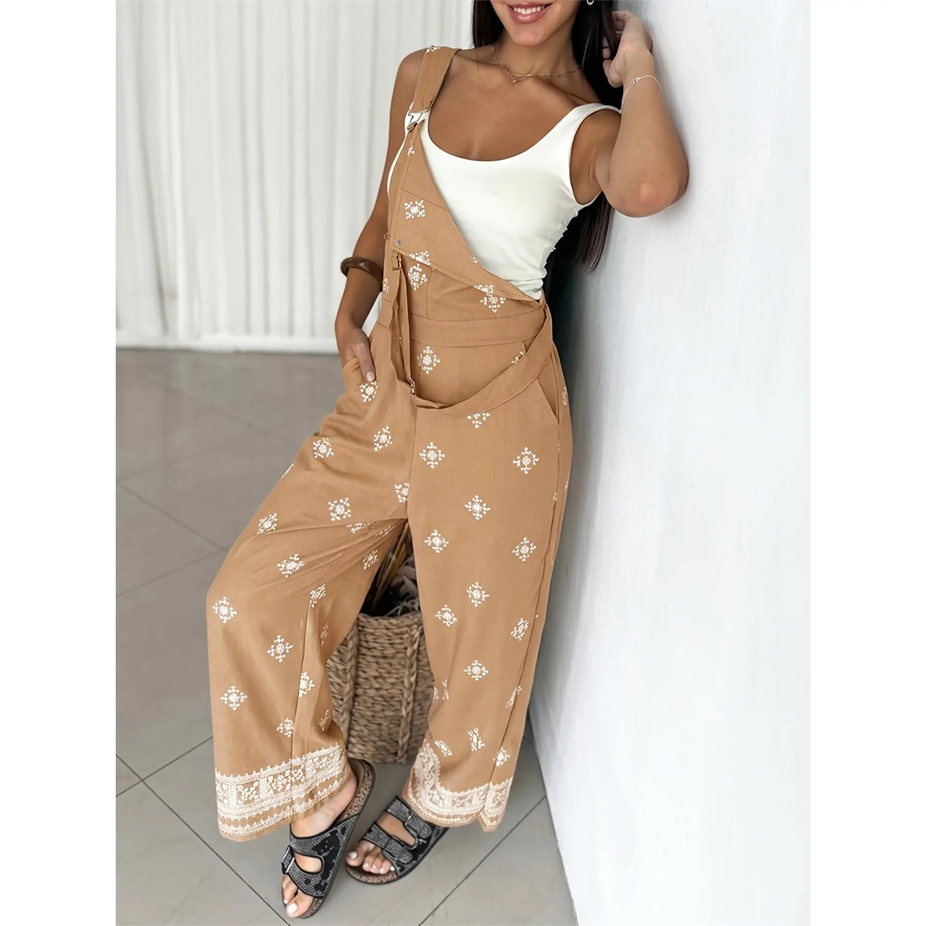 Relaxed Summer Ethnic Style Embroidered Overalls