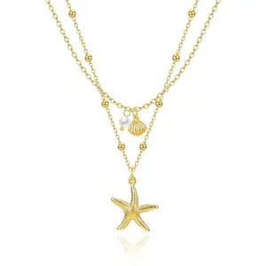Shell Necklace for Women, 14K Gold Plated Layered Starfish Conch Seashell Pearl Pendant Charm Necklace, Waterproof Dainty Beach Jewelry for Summer Vacation