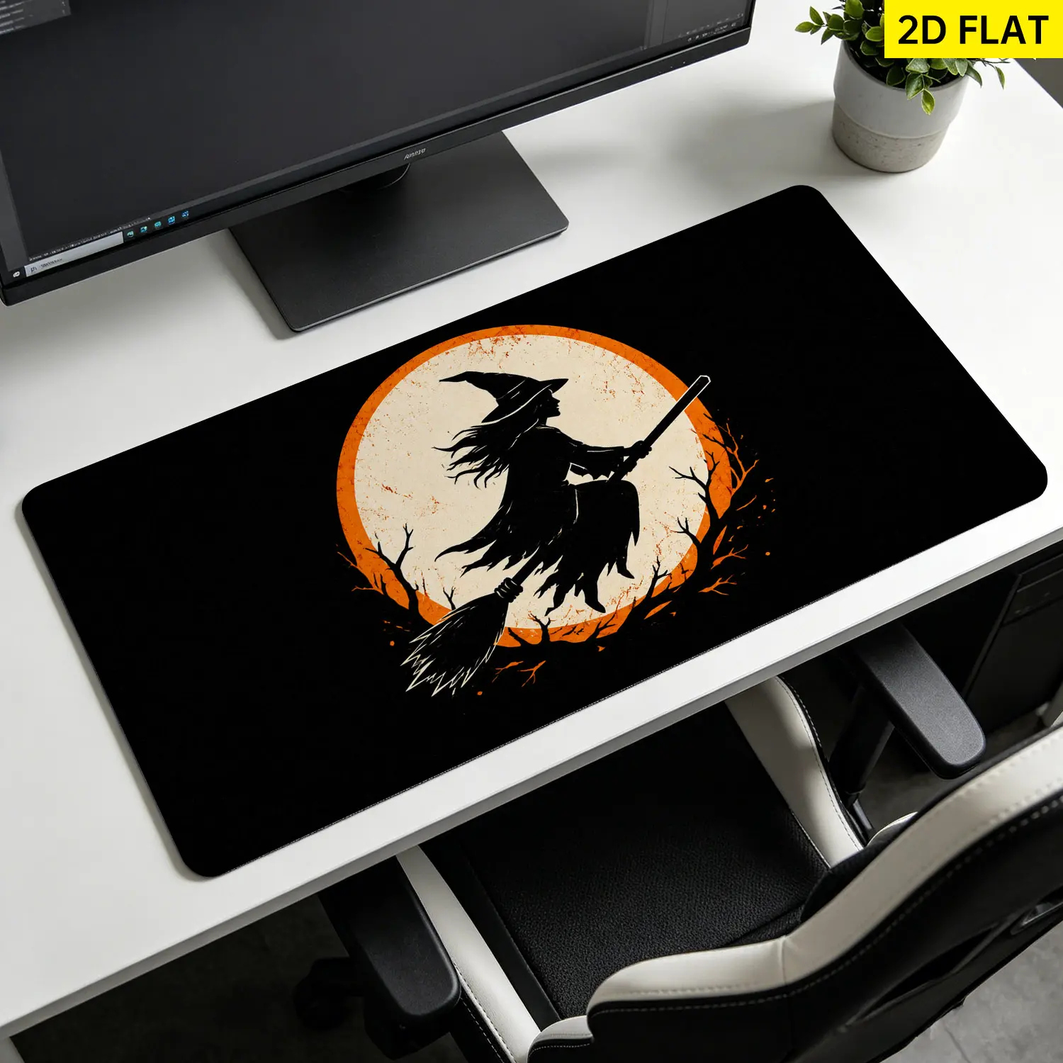 Extra Large Halloween Witch Flying Silhouette 3D Banana Design Rectangular Gaming Mouse Pad - 27.5*11.8 inches(70x30cm), Non-Slip Rubber Base, Lock Edge, Washable, Multi-Size, Precision Move, Premium for Gamers/Officers, Desktop Protector, Gift Option, Gi
