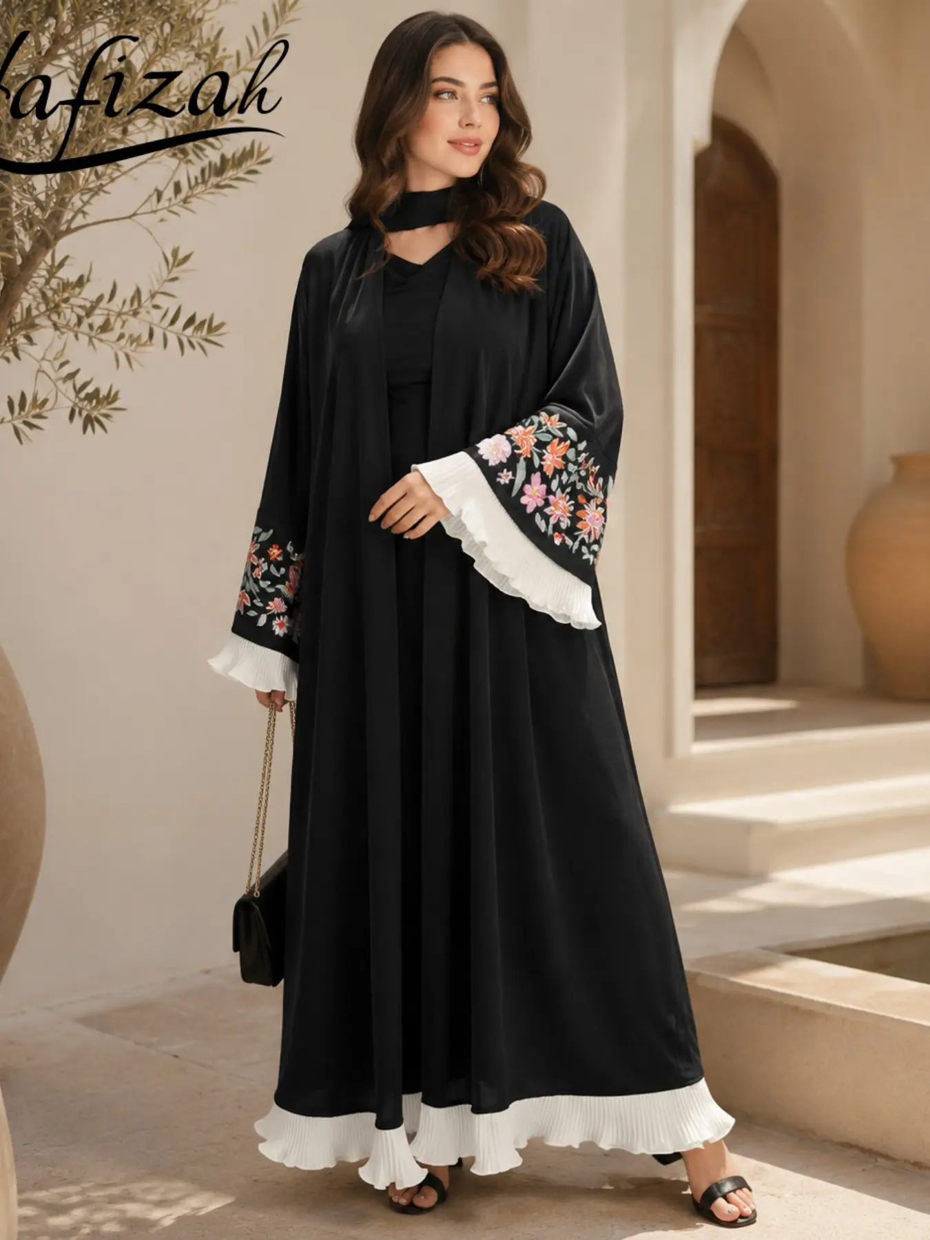 Elegant Embroidered Abaya Women's Dress, Floral Sleeve Design Cardigan Long Robe, High-End Formal Long Coat, Muslim Islamic Fashion