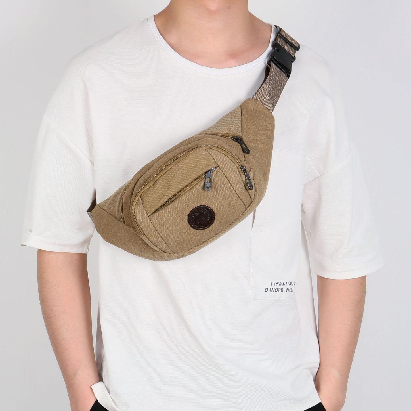 canvas mobile phone fanny pack men's large-capacity multi-functional bag diagonal span dual-purpose breast bag business wallet