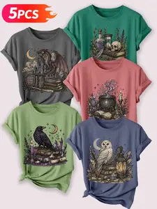 5Pcs Women Heather Crew Tee, Magic Dragon Crow Owl Fantasy Print, multi-color, washable, soft spring summer top