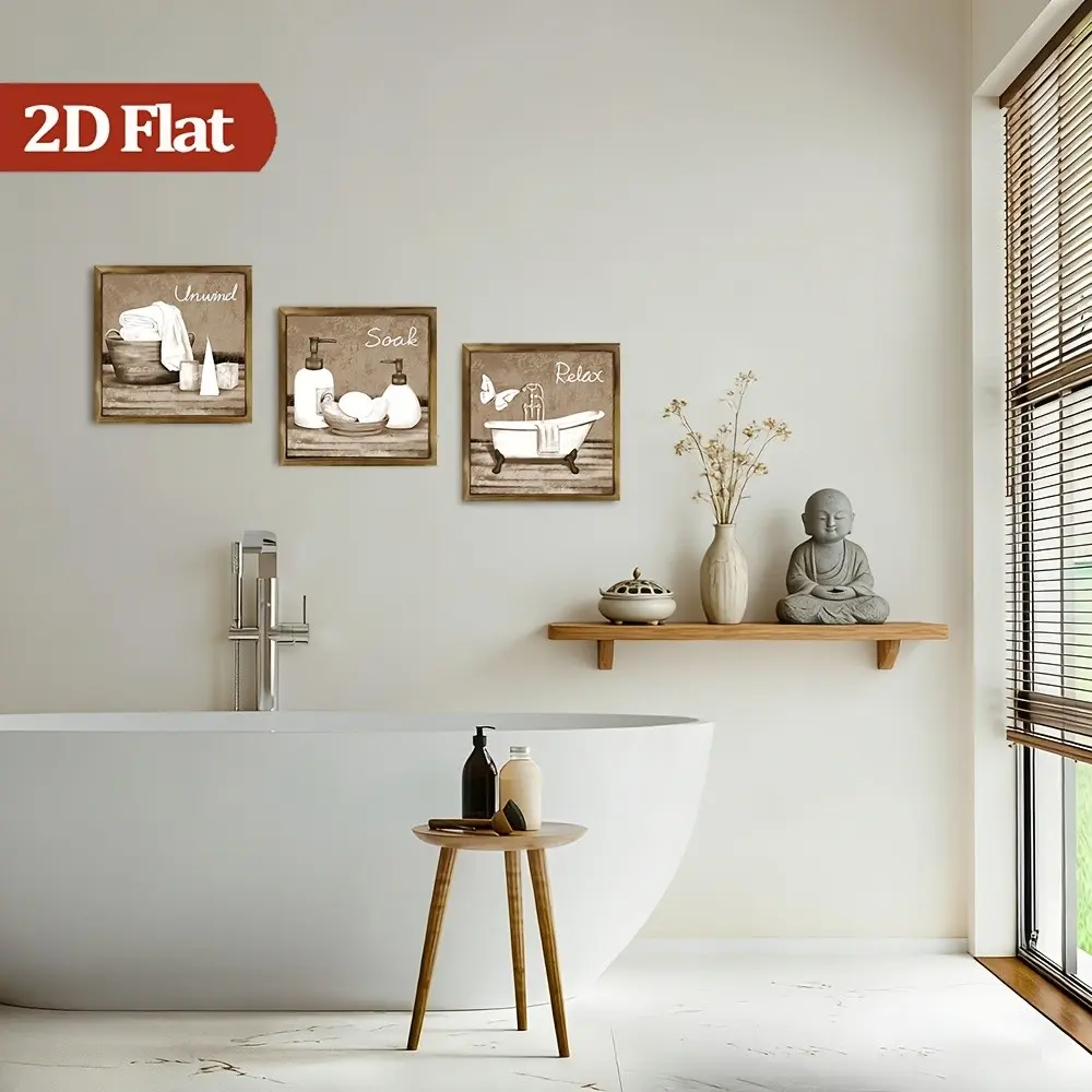 3 Piece Wooden Vintage Farmhouse Bathroom Wall Decor, Rustic Simple Bath Accessories, Ideal for Spa, Guest Bathroom, Home Décor, Bathroom Interior