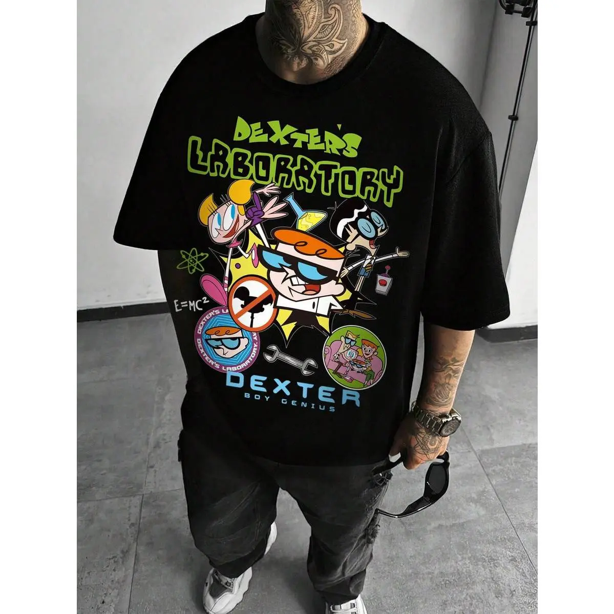Dexter's Laboratory X SHEIN Men Black Loose Fitting Crew Neck Short Sleeve T-Shirt, Comfortable Summer Wear With Cartoon Character & English Letter Print