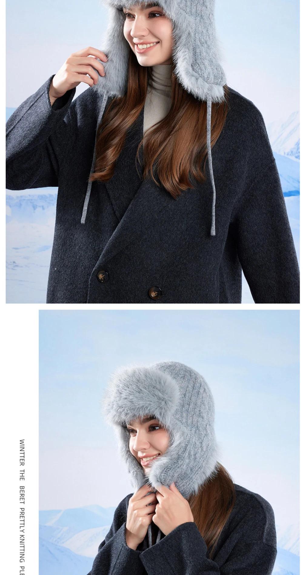 HT4895 Russian Hat New Thick Warm Fluffy Fur Hat Knitted Snow Ski Trapper Earflap Cap Women Winter Hat Ushanka Female Bomber Hat