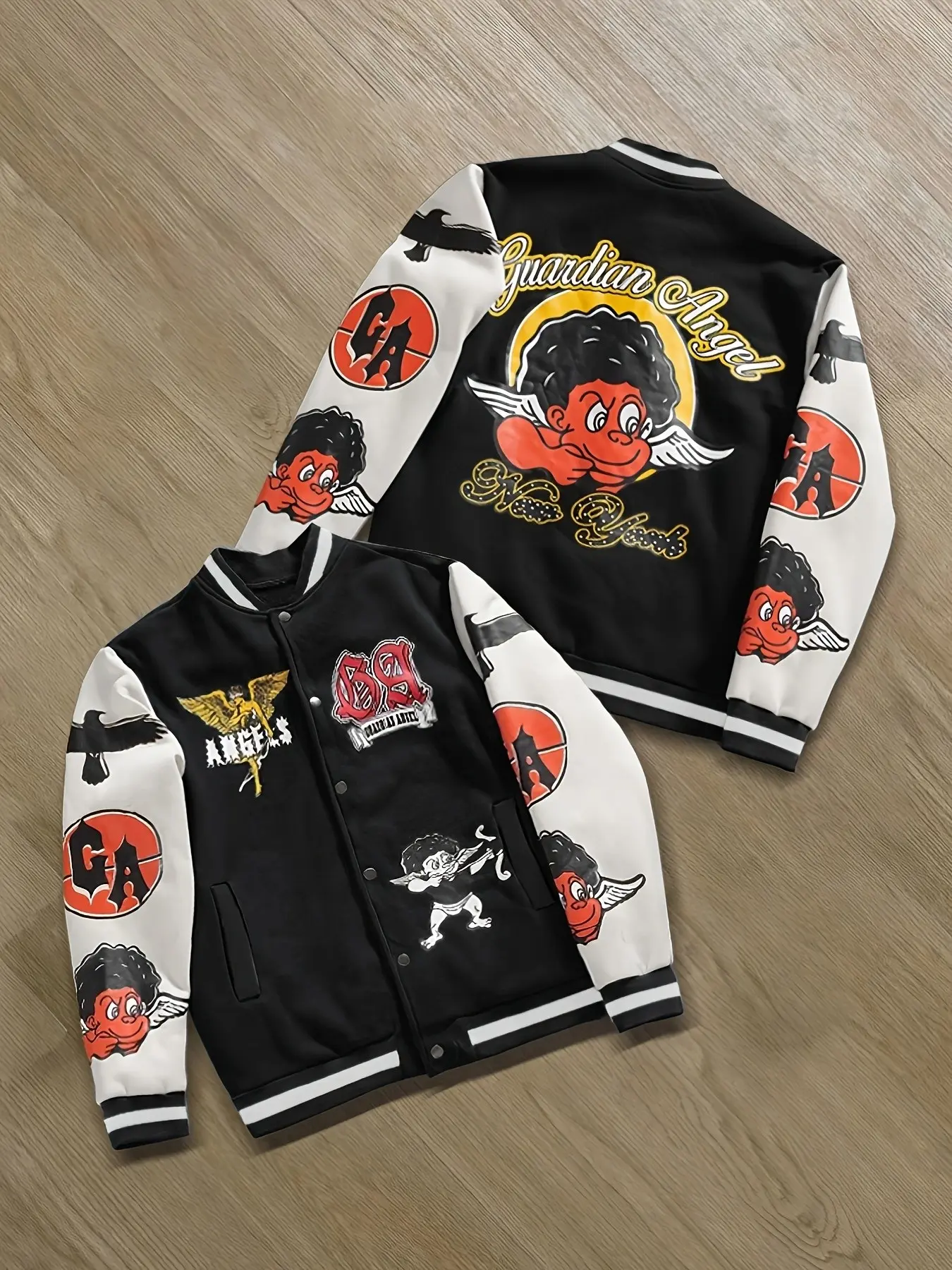 American Vintage Bomber Jacket, Angel Cartoon Elements, Graphic Print Sleeves, Loose-Fit Outerwear, Fall & Winter Casual Style, Coats