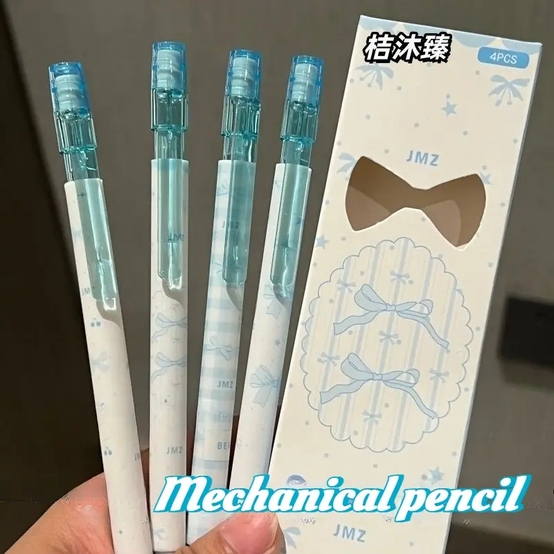4 pcs light blue bow automatic pencil 0.5mm cute Kawaii mechanical pencil Cute School Supplies Stationery Writing Tools student learning stationery, handbook notes drawing, girl school gift