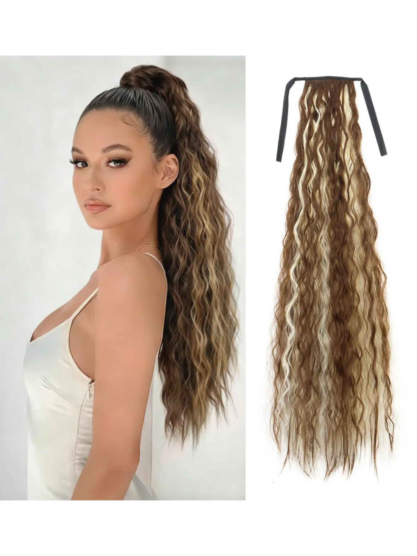 34-inch women's wrap-around lace-up ponytail wig, corn-shaped wavy gradient highlights synthetic fibers, soft hair texture, self-tying fixation, easily increases length, suitable for women to create charming styles