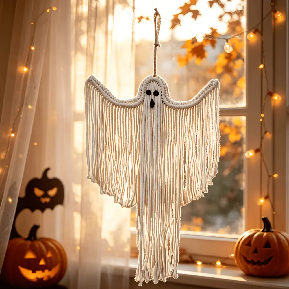 Handwoven Vivid Ghost Tapestry Tassel Wall Hanging Macrame Decor Sturdy Durable Halloween All Saints Day Ornament Autumn Home Decor Festive Decorations for Trick Or Treat Party Scene Layout Holiday Atmosphere Gift