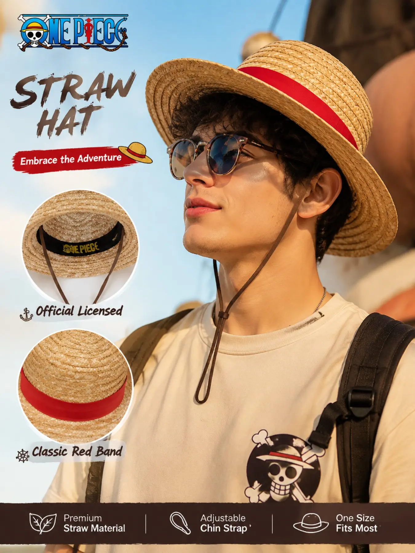 Netflix Official One Piece Luffy Straw Hat, Wide Brim Anime Sun Protection, Chin Strap, Summer Beach Cosplay Accessory for Unisex