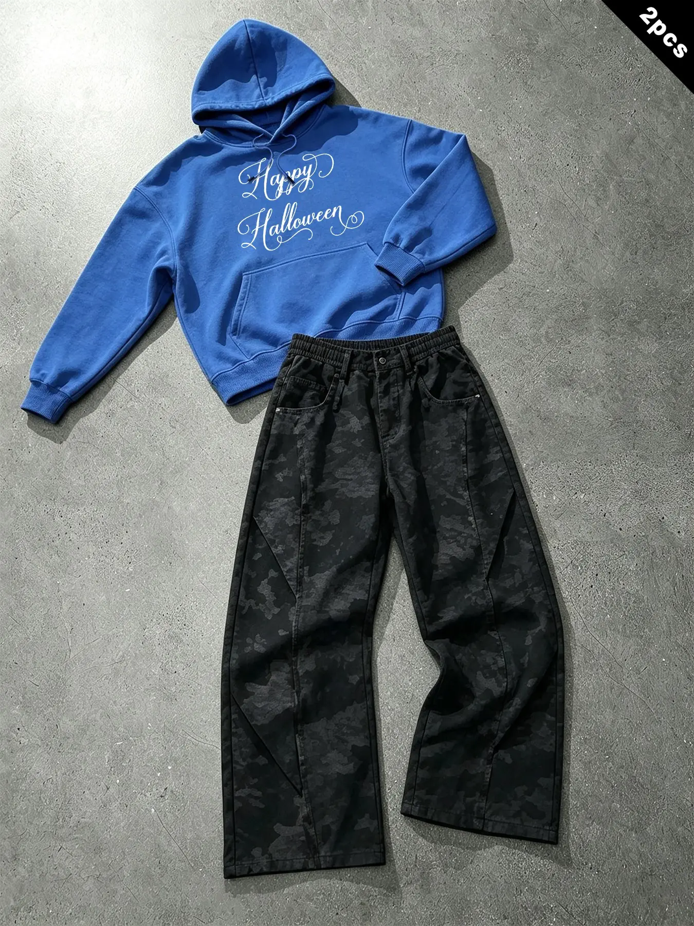 Unisex 2Pcs Halloween Outfit Set, Happy Halloween Script Letter Print Cropped Pocket Hoodie & Dark Camo Seamed Wide Leg Pants, Long Sleeve Loose Streetwear Tracksuit, Matching Outfit For Teenagers Young Adults Daily, School, Hangout And Halloween Party In