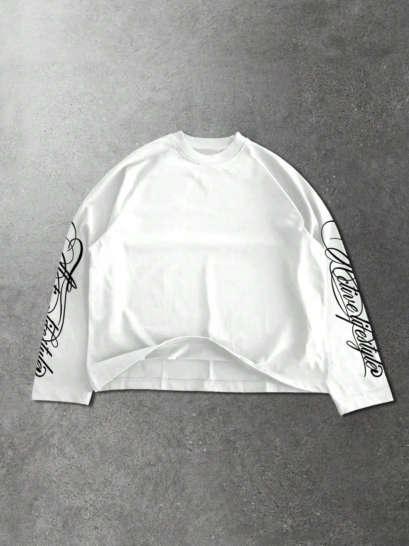 1 Pc Oversized Long Sleeve Crew Neck Tee, Vintage Cursive Graphic Sleeves, Casual Streetwear For Men Daily Hip Hop Outfit, Casual Style Tee