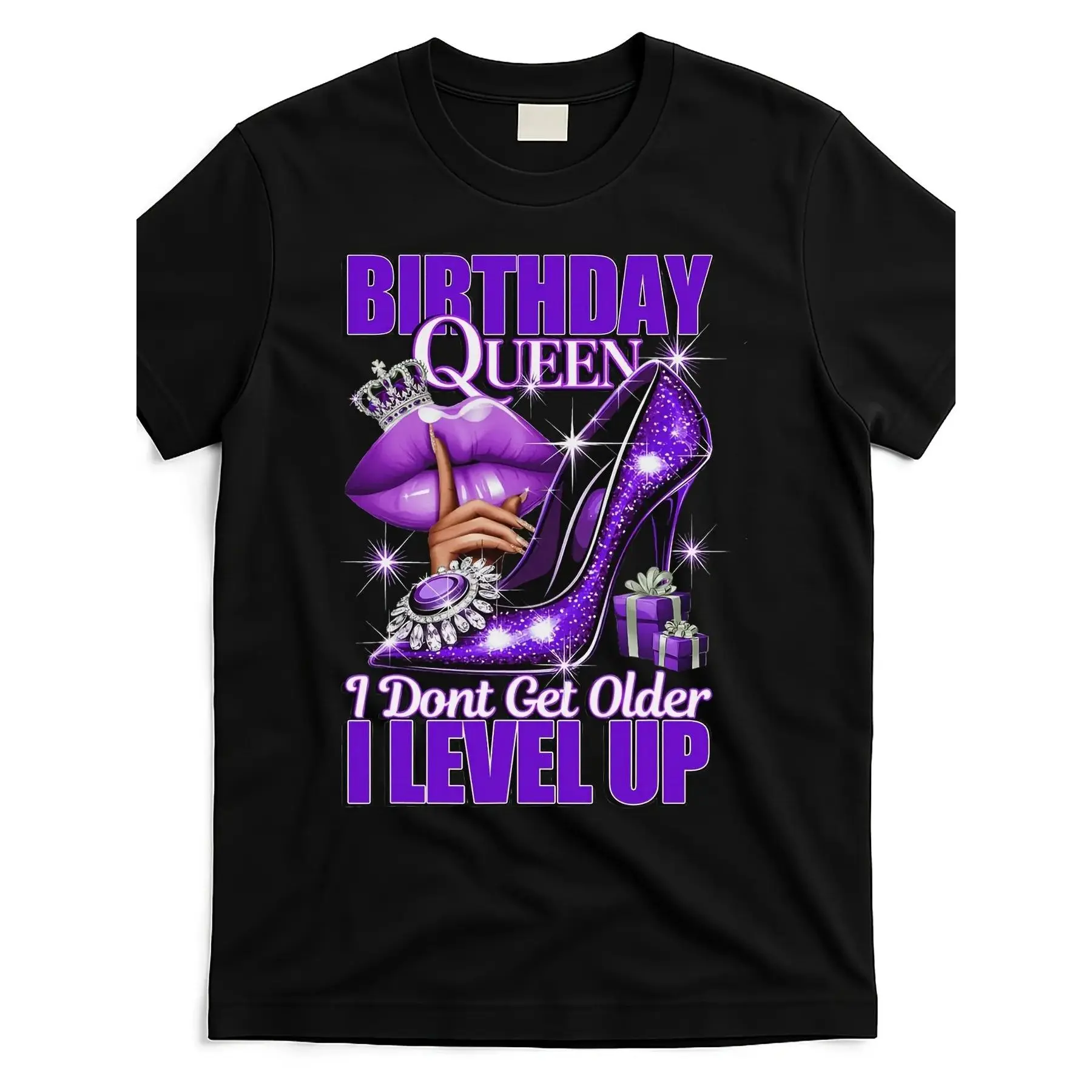 Funny "Birthday Queen" Women's T-shirt - "I'm not getting older, I'm leveling up" design, featuring purple high heels and a crown, comfortable crew neck, short sleeves,graphic,,father
