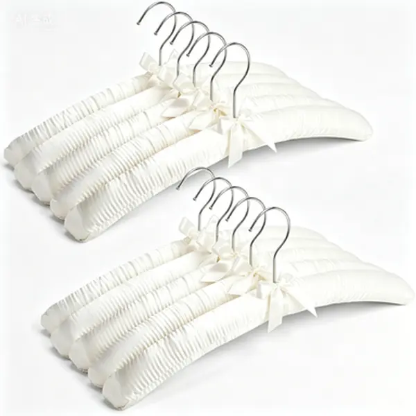 18-Inch Ivory Satin Padded Sturdy Wooden Hangers Set with Smooth Decorative Bow Hook, Heavy-Duty Non-Slip Cushion Hangers for Wedding Dress, Women's Clothes (10 Pack), Cashmere, Bridal Gown