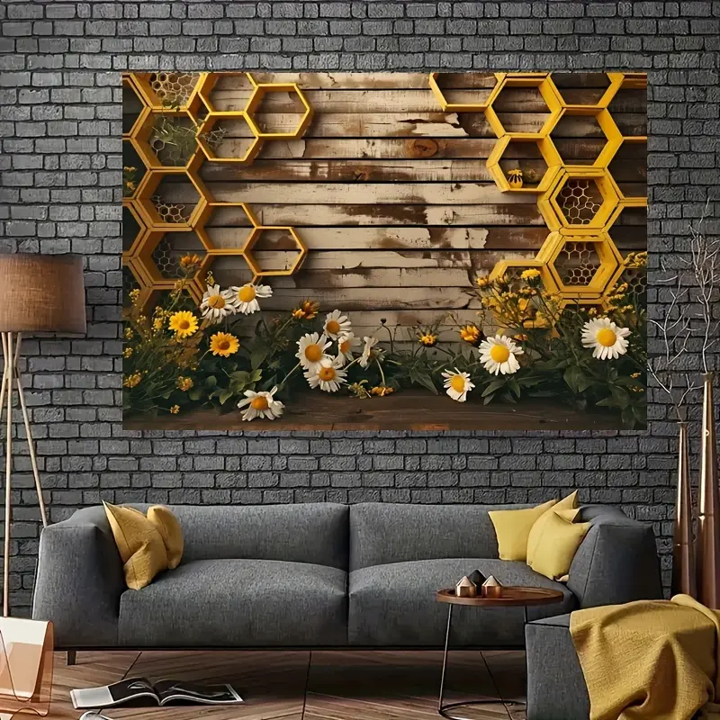 Boho Bee Sunflower Tapestry, Rustic Branch Grass Wooden Background, Photography Happy Birthday Summer Spring Happy Bee Day Banner, Wedding Decoration