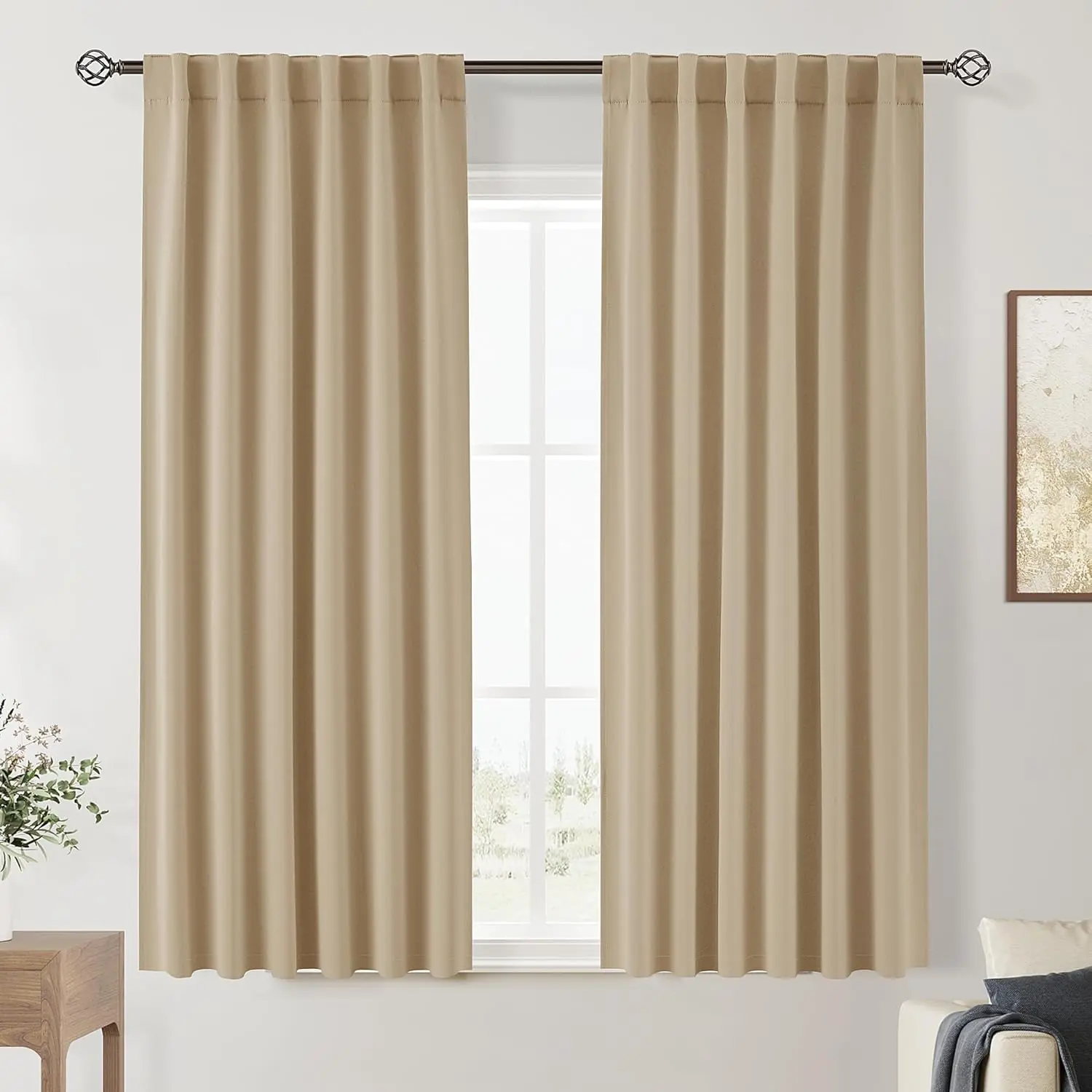 Beige 63" Length Blackout Curtains 2-Panel Set - 3-Layer Thermal Back Tab Indoor Drapes for Bedroom Small Windows, Modern Privacy Focus Bedroom Decor - Wrinkle Resistant, Reversible, Noise Reducing (Gentle Cold Machine Wash, Low-Temp Iron)