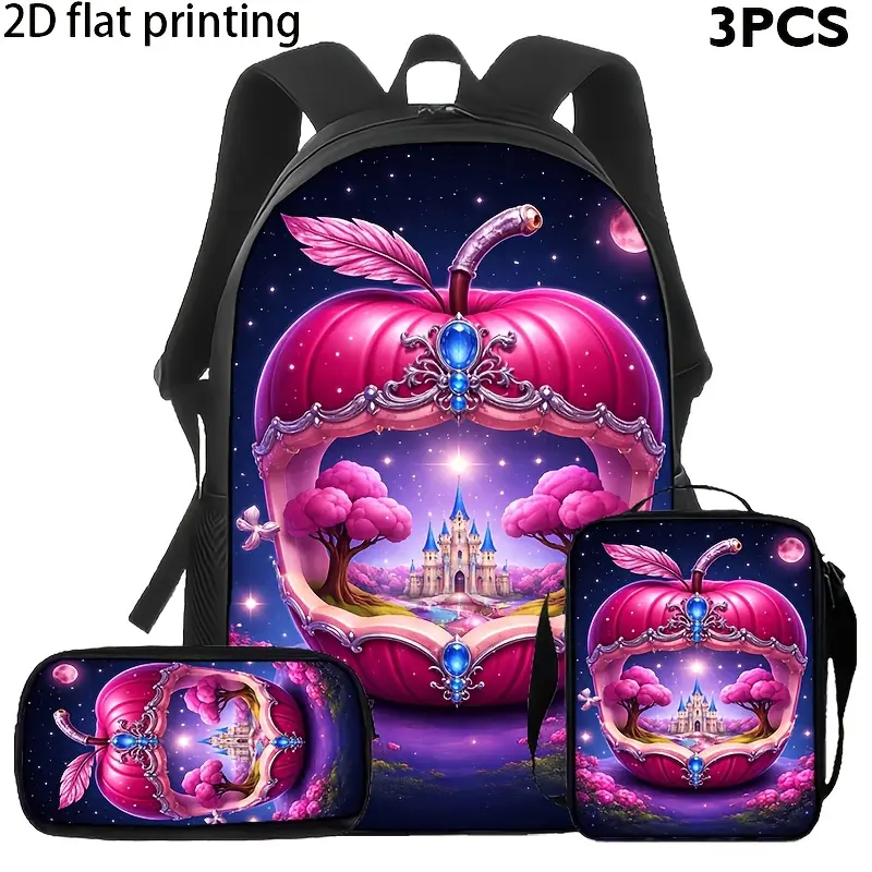 Enchanted Castle Apple 3-Piece Backpack Set, Pink Fairy Tale School Bookbag with Matching Lunch Bag and Pencil Case, Princess Fantasy Backpack for Kids Teens, School Travel Daypack Gift Idea