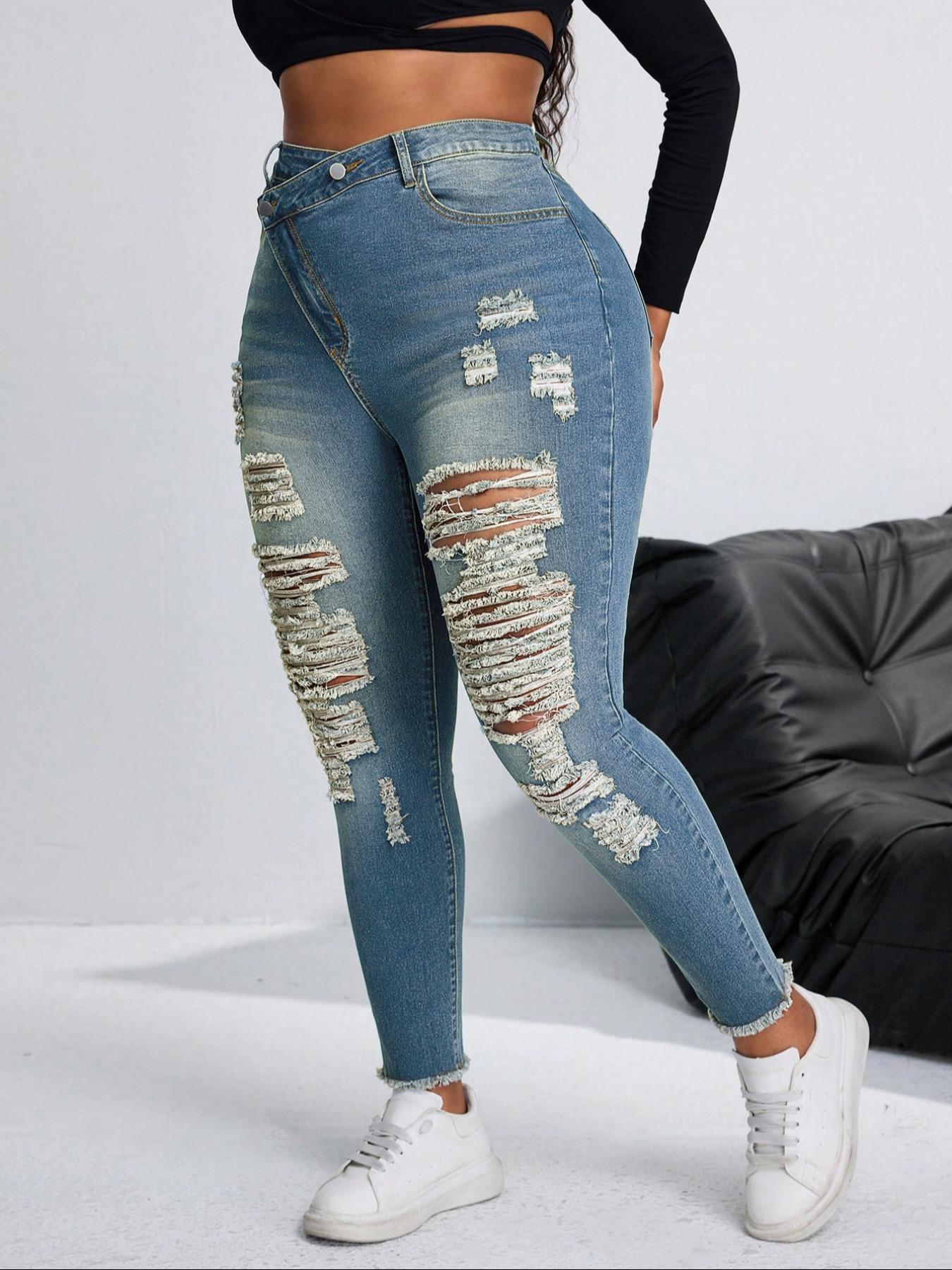 【Plus Size】 Denim Ripped Jeans, Casual Comfy Slim-fitting Skinny Pants for Daily Wear, Women's Bottoms for Summer, Streetwear
