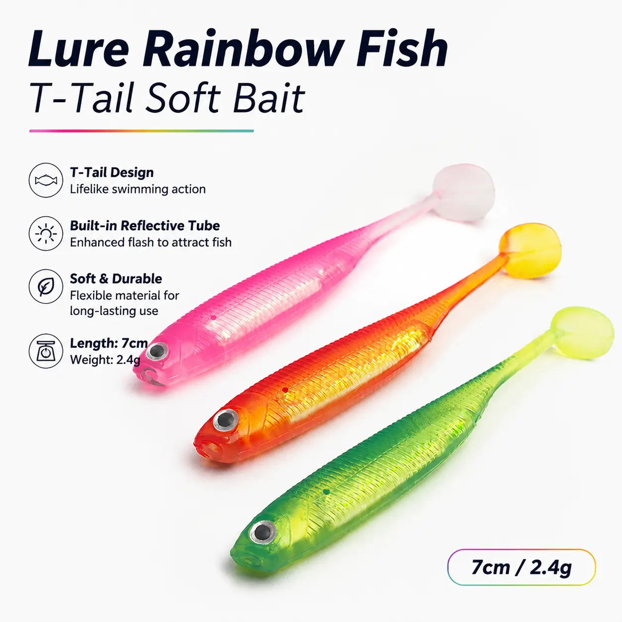 Soft Plastic Fishing Lure with Hollow Tail Design – Realistic Rainbow Minnow Shape, Flexible Silicone Body, Ideal for Freshwater Bass and Trout Fishing in Lakes, Rivers, and Reservoirs