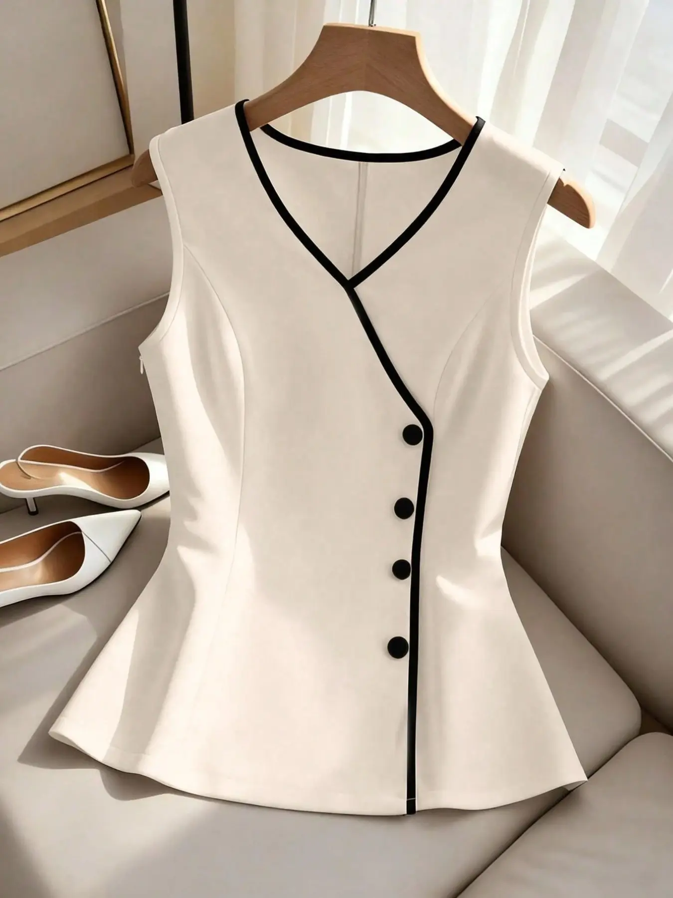 Women's Summer V-Neck Sleeveless Shirt, Contrast Border Single Button Waistcoat, Elegant Office Wear, Slim Fit, Versatile Blouse, Casual Top
