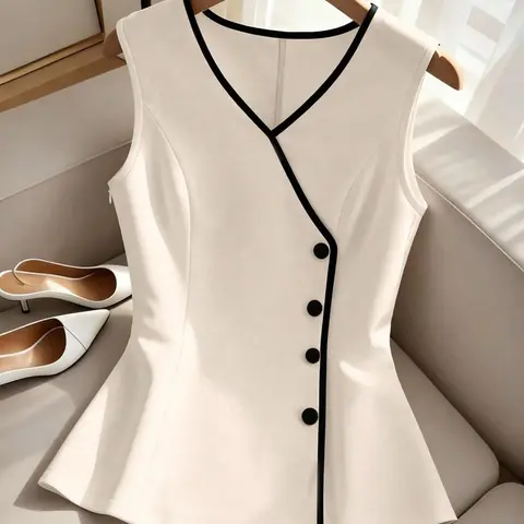 Women's Summer V-Neck Sleeveless Shirt, Contrast Border Single Button Waistcoat, Elegant Office Wear, Slim Fit, Versatile Blouse, Casual Top, Unique, Cropped Top