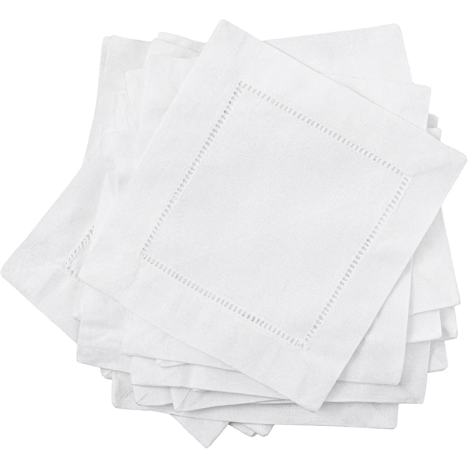 White Square Linen Cocktail Tableware Napkins - 24 Pcs, 6x6 In, Washable Hemstitch Tear-Resistant Cloth, for Wedding, Bar, Daily Use