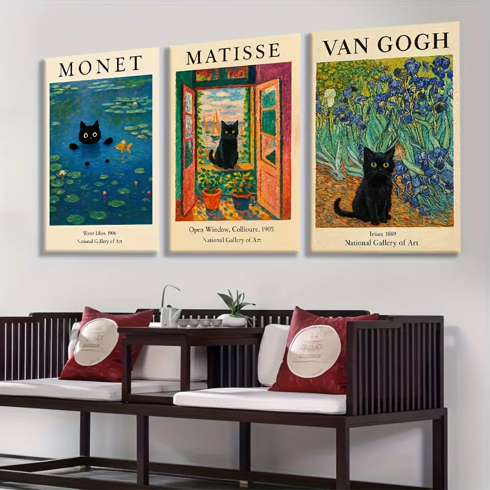 [Famous Artist Editions] 3pcs Set Wooden Frame Canvas Paintings |   Classic Art, Black Cat Creative Prints by Van Gogh, Matisse, Monet |   Famous Artist Editions, Bedroom Wall Art, Plant Wall Decor, Perfect Gift for Home Office