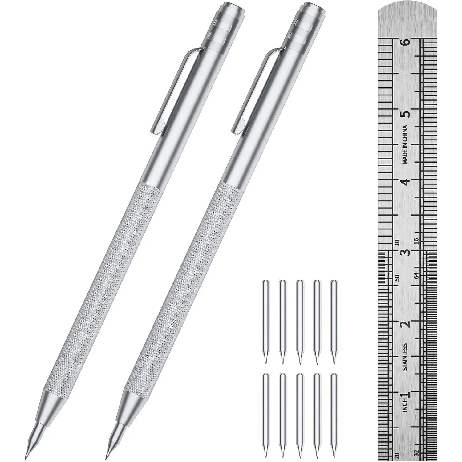 2-Pack Tungsten Carbide Scriber, Metal Scribe Tool with 25  Marking Tips & Steel Ruler - Knurled  Handle & , Engraving Pen for Glass/Ceramics/Metal Sheet (2)