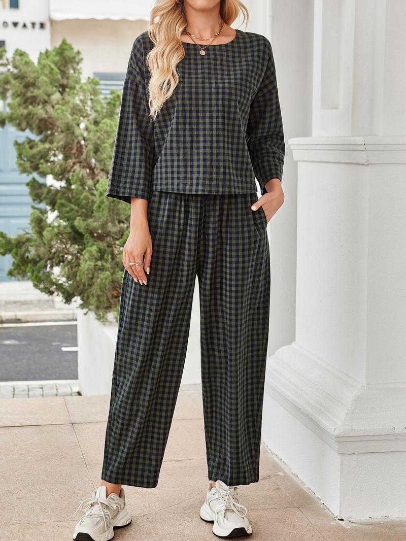 Women's Fall Casual Plaid Print Set, Loose Fit Long Sleeve Top & Elastic Waist Wide Leg Pants Two-Piece for Home Wear, Clothes