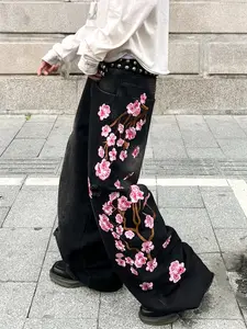 American Street Style Loose Fit Jeans, Embroidered Flower Patch, Vintage Washed Ripped Wide Leg Pants, All Season Casual Long Pants