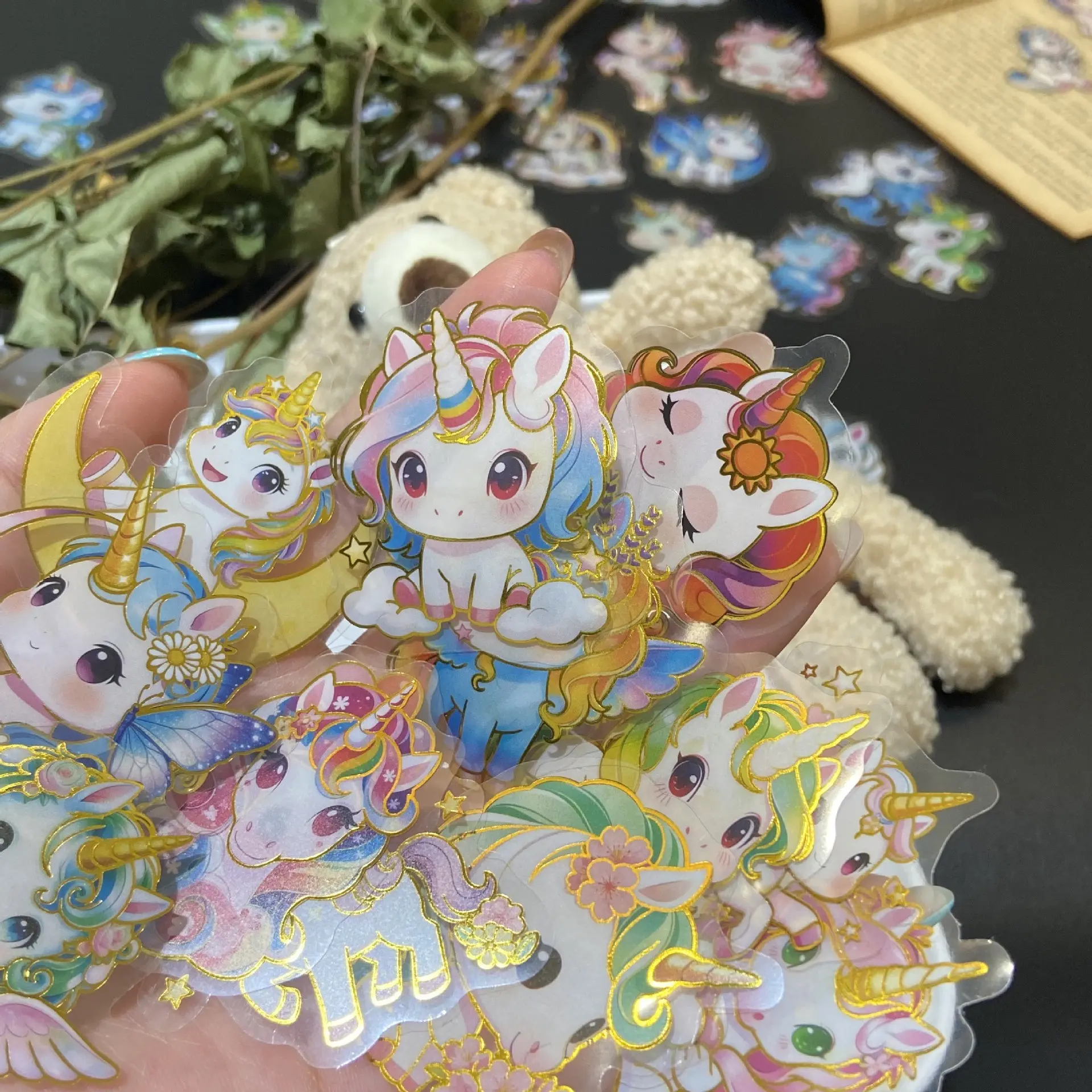 50 Cartoon Gold Foil Unicorn Diary Sticker Pack, Waterproof Transparent Pet, DIY Decorative Stickers for Journals and Guitars