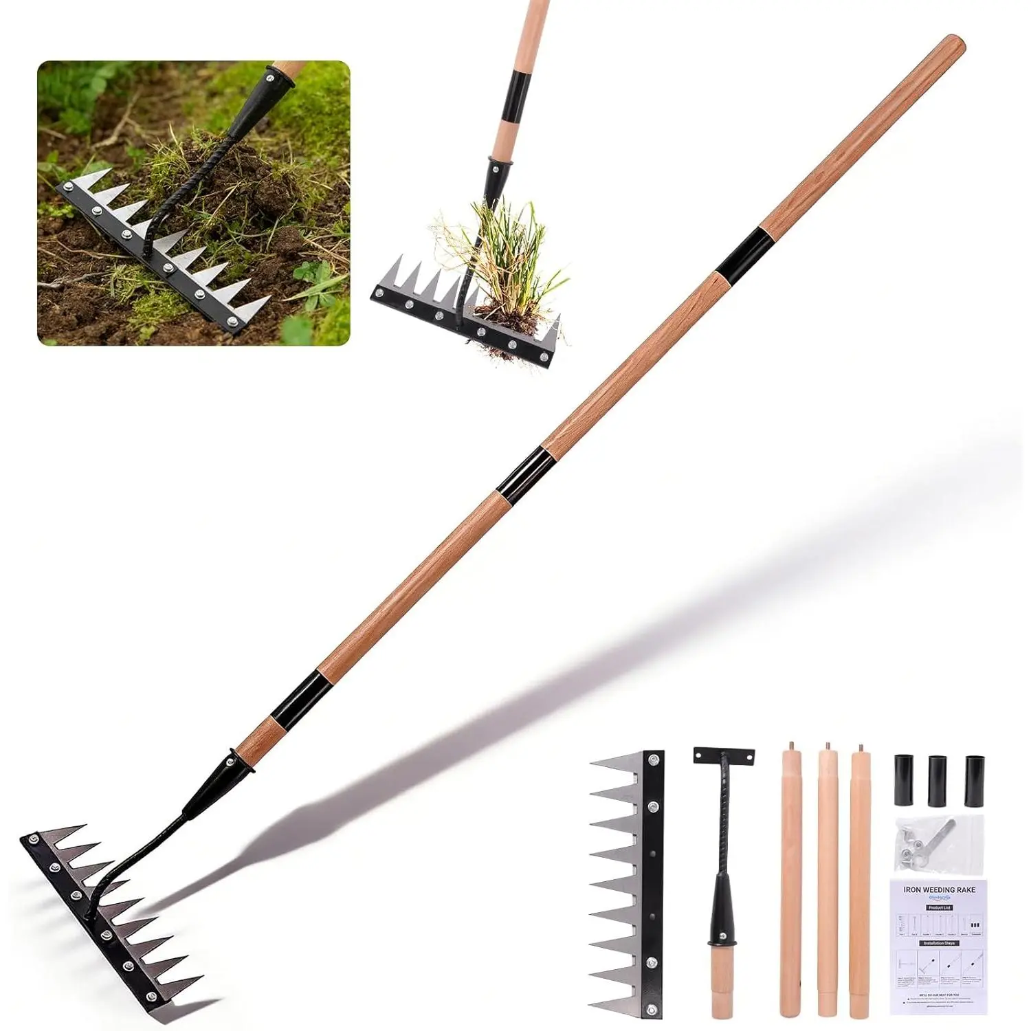 Gardenia Iron Weeding Rake with Handle 3.0, Heavy Duty Iron Rake for Gardening and Weeding, 2026 Upgraded 9-Tine Garden Weed Puller Tool, Garden Weed Rake Tool for Removing Weeds, Soil Aeration