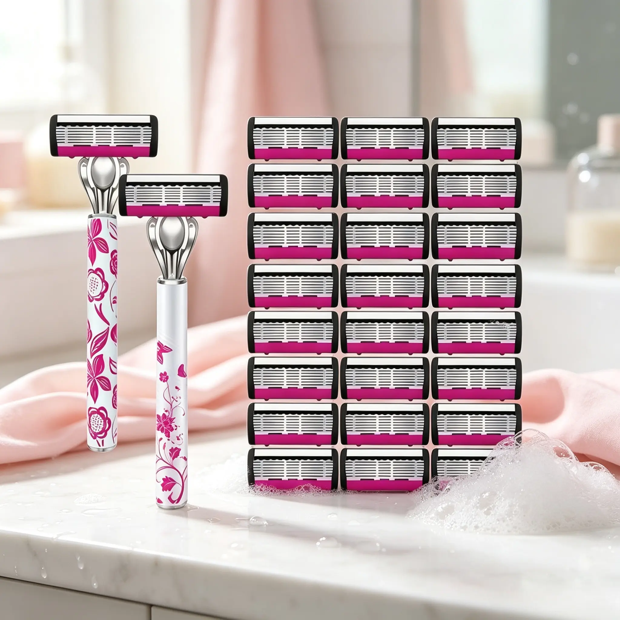 5-layer women’s shaving razor kit with spare refill blades, mild smooth cutting head. Compact portable body precisely trims hair on legs, armpits and bikini zone, perfect full-body hair remover for daily home use and trips.