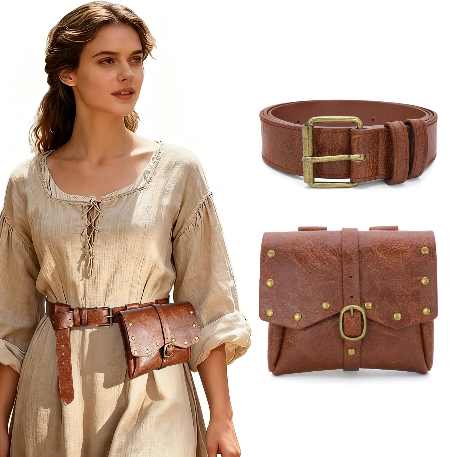 Effortless Brown Medieval Renaissance Leather Belt and Waist Pouch Set Vintage Rivet Studded Flap Belt Bag Purse Antique Brass Buckle Waistband Pirate Rogue Sorceress LARP Cosplay Halloween Costume Accessories Men Women