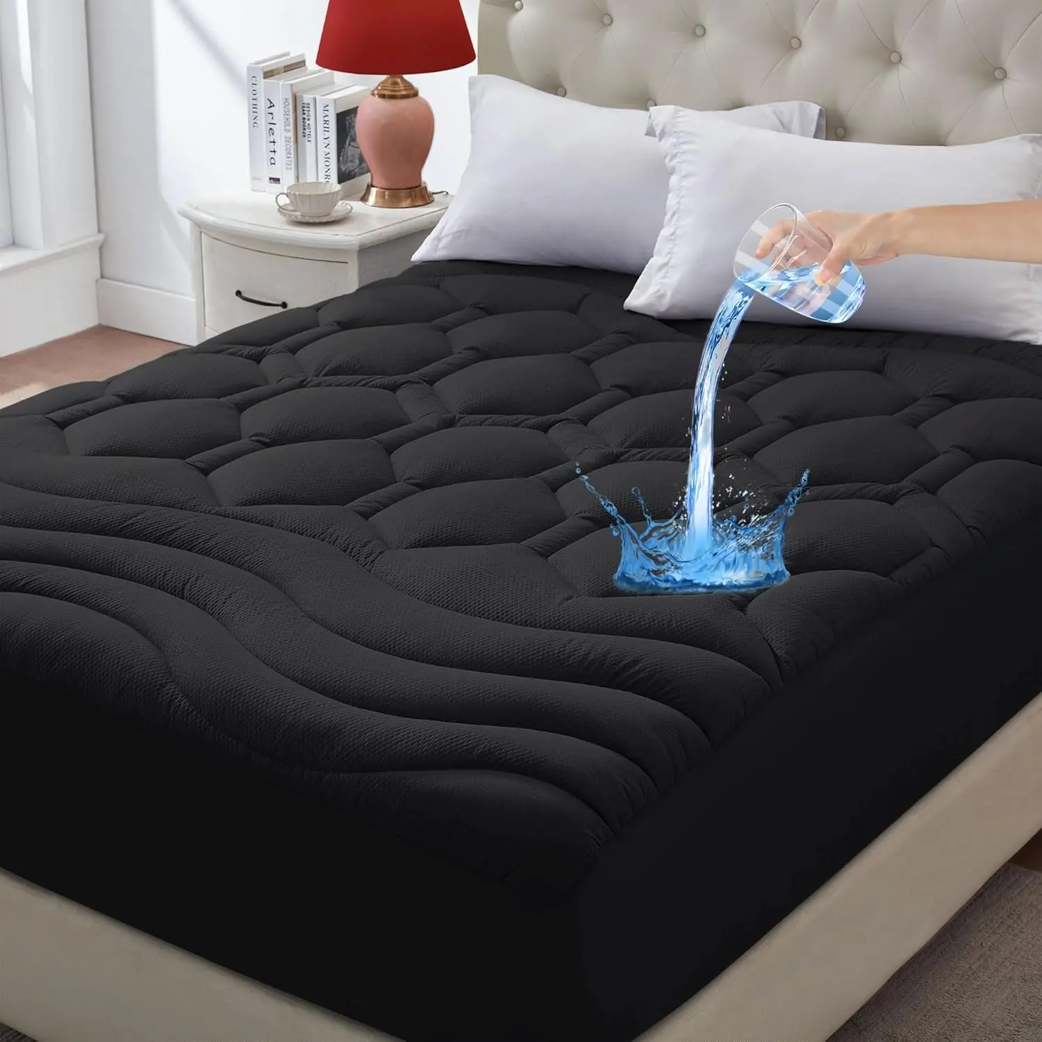 Full Size Waterproof Cooling Mattress Pad Topper for Double Bed, Quilted Pillow Top Fitted Mattress Protector Cover with 8-21" Deep Pocket (54x75 inch, Black)Gift