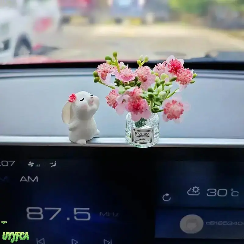 Car Dashboard Ornament Set, 2-Piece Coquette Kissing Bunny & Pink Floral Vase, Resin & Glass Interior Accent for Cars, Aesthetic Desk Decor Gift for Women, Ornaments, Artificial Flowers, Dashboard Decor, Thoughtful Gift, Dainty, Cute Pair, Car Dashboard D