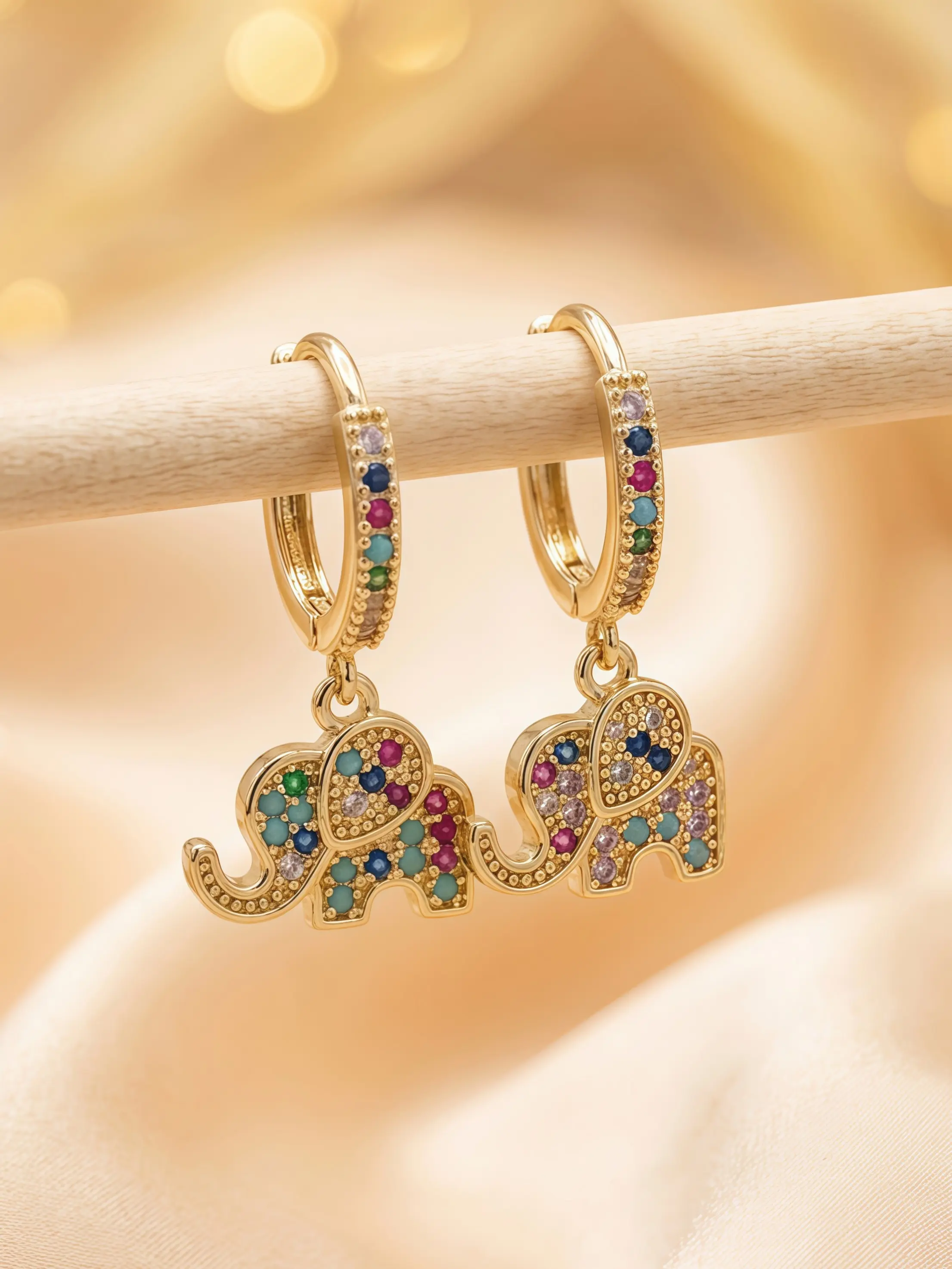 Lucky Elephant Rainbow CZ Dangle Hoop Earrings | Sparkling Colorful Crystal Gold Huggie Earrings Gift for Women