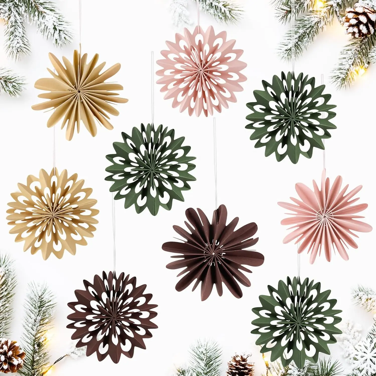 9 count Christmas  Decorations -  Paper Christmas Tree  Decor  Green Brown Snowflake Ornaments Christmas Decorations Outdoor Indoor for Xmas Party,Boho ,Window Door Decor