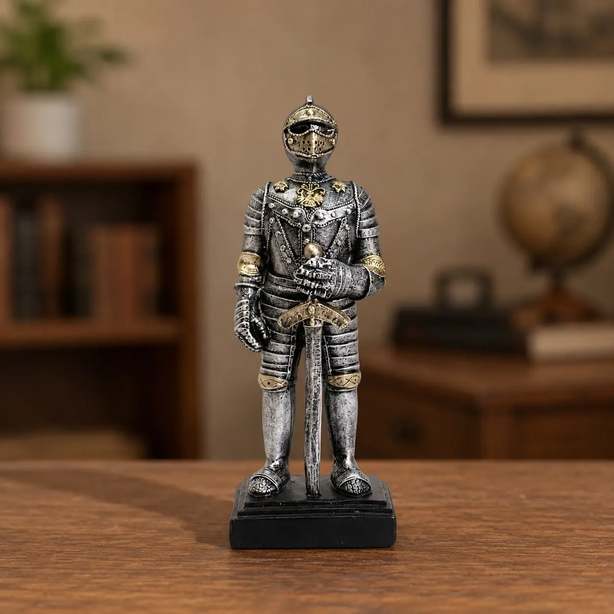 1pc Sword Knight Vintage Resin Figurine with Detailed Armor, Helmet and Standing Sword, Desk and Shelf Decor for Office, Study, Living Room & Gift for Men